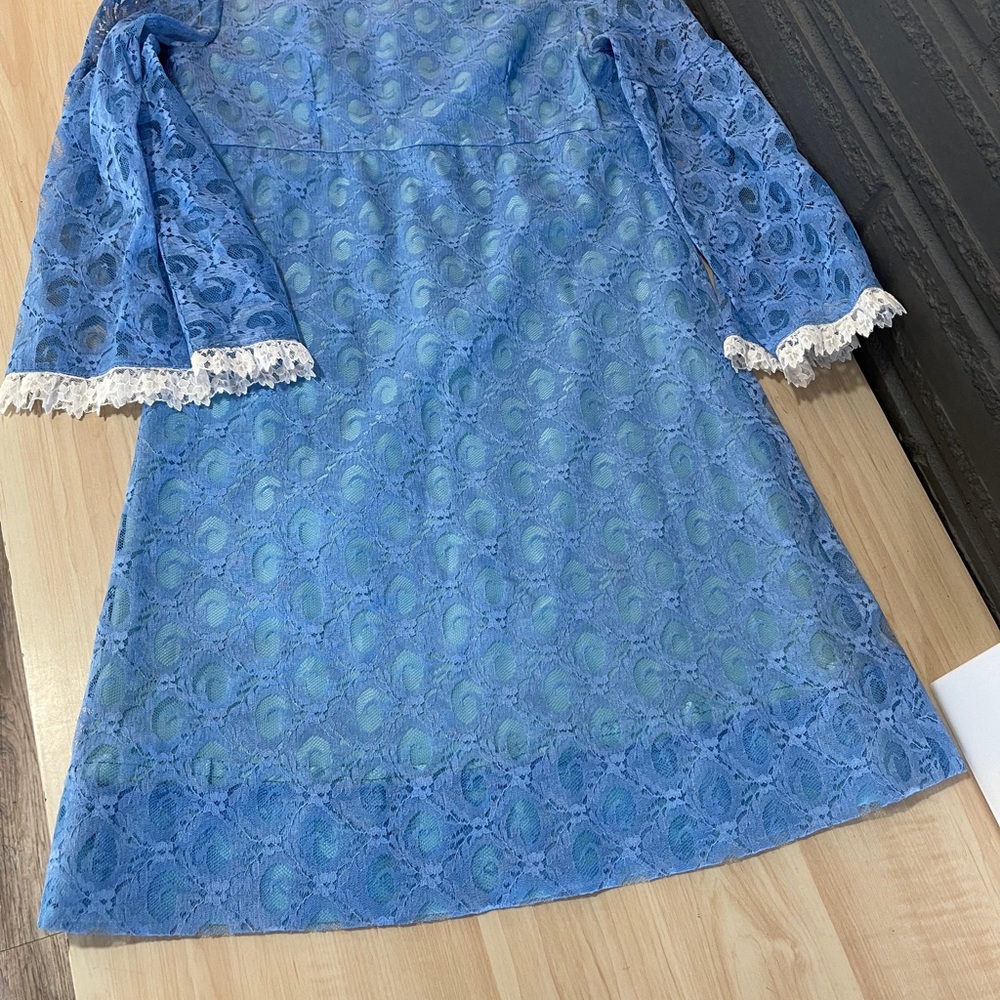 VINTAGE 60s 70s MINI LACE DRESS GOWN BLUE BRIDESMAID PROM EVENT